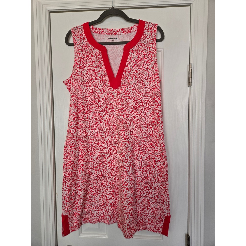 Lands End Red Floral Cotton Sleeveless Split V-Neck Shift Dress M Petite 10 12